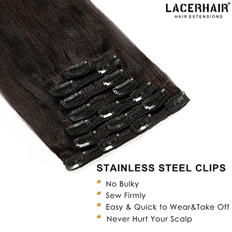 Lacer Light Yaki Straight Clip in Hair Extensions, Natural Black Color Remy Human Hair Clip in Extensions for Black Women Relaxed Hair 120G 7Pieces 12 inch