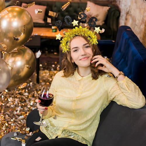 4 Pcs Happy New Year Headbands for Women 2026 New Year Eve Hairbands Party Supplies Holiday Headwear Decoration Gifts (Gold+Silver)