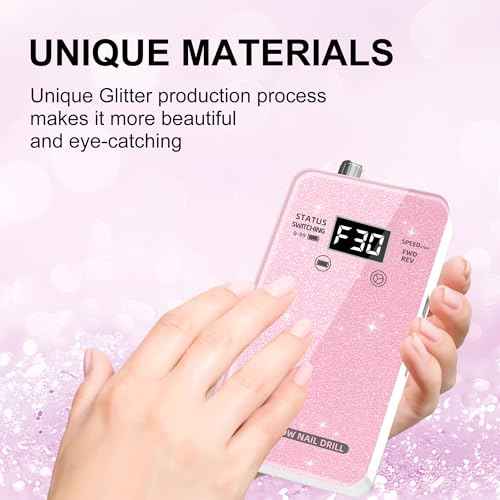 Professional Electric Nail Drill File:COSYGLOW Glitter Portable Cordless E-File Nail Drill Kit with 11 Drill Bits,30000 RPM Rechargeable Nail Drills Machine for Acrylic Nails Gel Polishing (Pink)