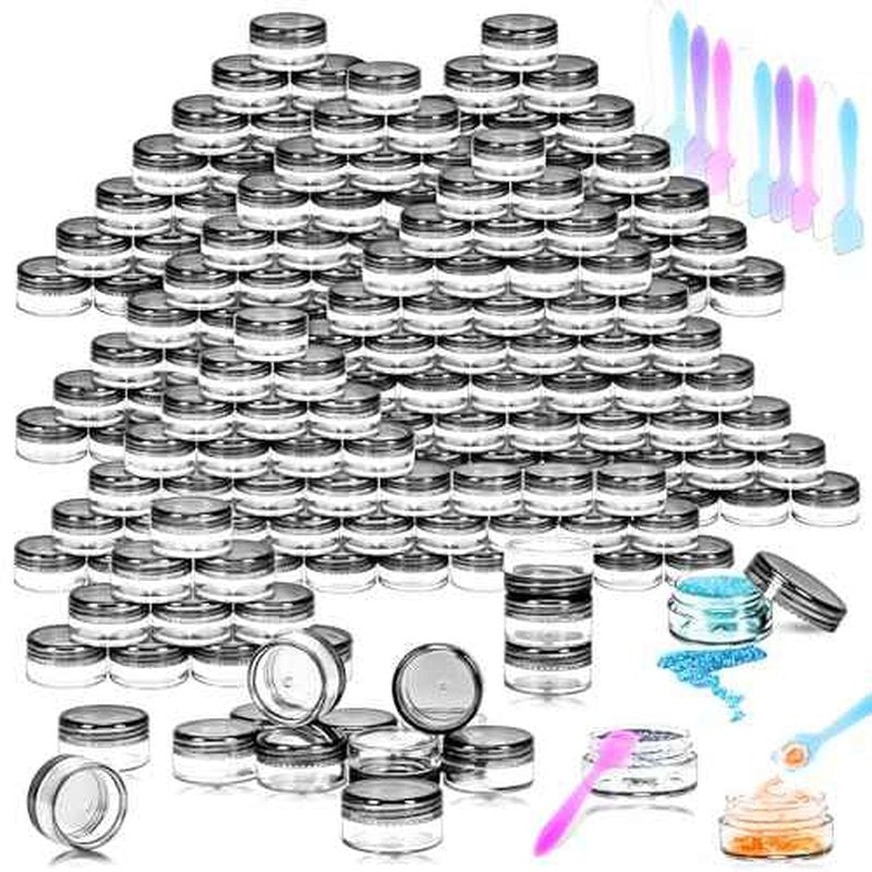 MotBach 100 Pack 3g Plastic Jars with Lids, 3ml Round Clear Cosmetic Containers Makeup Jars, 3 Gram Travel Size Container Jar with Spatulas for Sample Lotion Cream Eyeshadow Ointment Salve Balm Powder