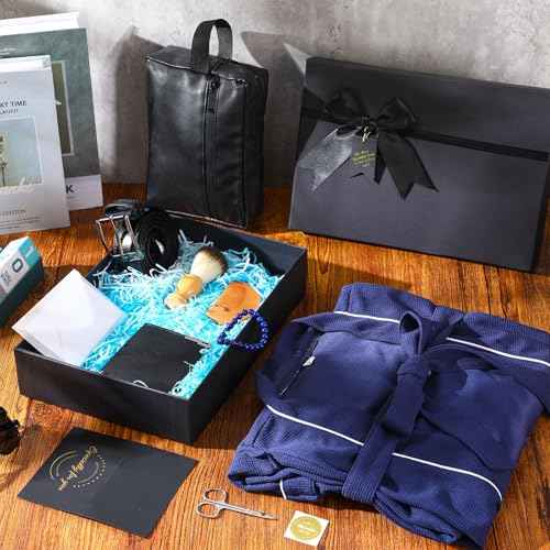 10 Pcs Birthday Gifts Baskets for Men Get Well Soon Gifts Beard Care Set for Him with Bathrobe, Wallet, Makeup Bag, Belt, Bracelet, Beard Comb & Brush Set for Dad Boyfriend Husband(Blue)