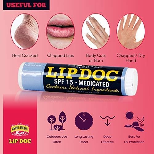 Amish Origins Lip Doc SPF 15 Medicated Lip Balm - All-Natural Moisturizing Formula for Chapped Lips | 2-Pack