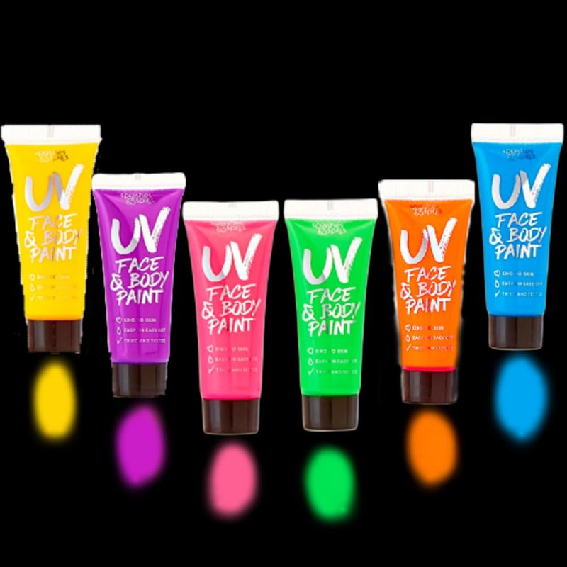 UV Face and Body Paint 10ml - 6 Pack - Neon Glow in the Dark Body Paint for Adults - Non Toxic, Vivid UV Reactive Makeup for Blacklight Parties & Events, Moisturizing Formula, by Splashes & Spills