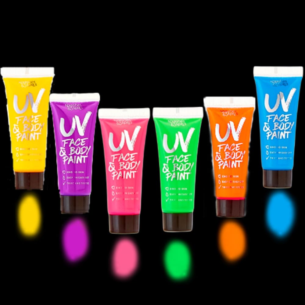 UV Face and Body Paint 10ml - 6 Pack - Neon Glow in the Dark Body Paint for Adults - Non Toxic, Vivid UV Reactive Makeup for Blacklight Parties & Events, Moisturizing Formula, by Splashes & Spills