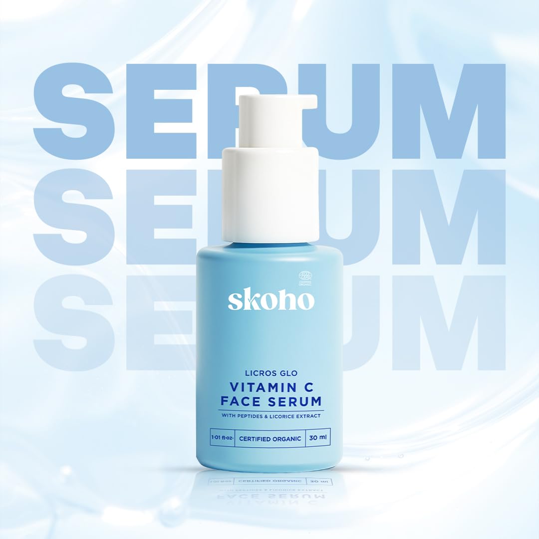SKOHO Organic Vitamin C Face Serum with 98.932% Naturality | Reduces dark spots & Hyper Pigmentation | Licorice, Natural Peptides, Vitamin C | 30ml, Natural