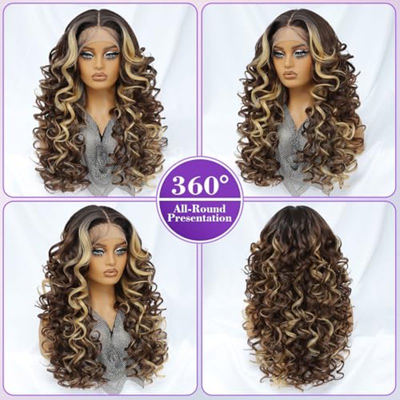 Felek Honey Blonde Wig Long Synthetic Loose Wave Lace Front Wigs for Black and White Women Ombre Brown 13x6 HD Transparent Lace Frontal Wigs Pre Plucked Wear and Go Glueless Curly Wig 24 inch P4/27