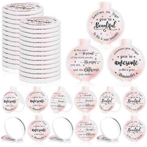 Wenqik 100 Pcs Inspirational Mini Compact Mirror for Purse Women Small Gifts Bulk, Round Makeup Folding Mirror, Thank You Gift Bag Stuffer Items, Christmas for Coworker Employee Staff (Light Pink)