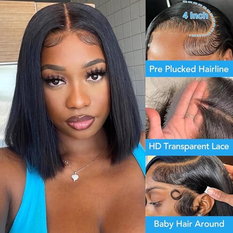 13x4 Bob Wig Human Hair 180 Density HD Transparent Lace Front Wigs Human Hair Short Bob Pre Plucked Straight Wigs Human Hair for Women Natural Black Color 12 Inch