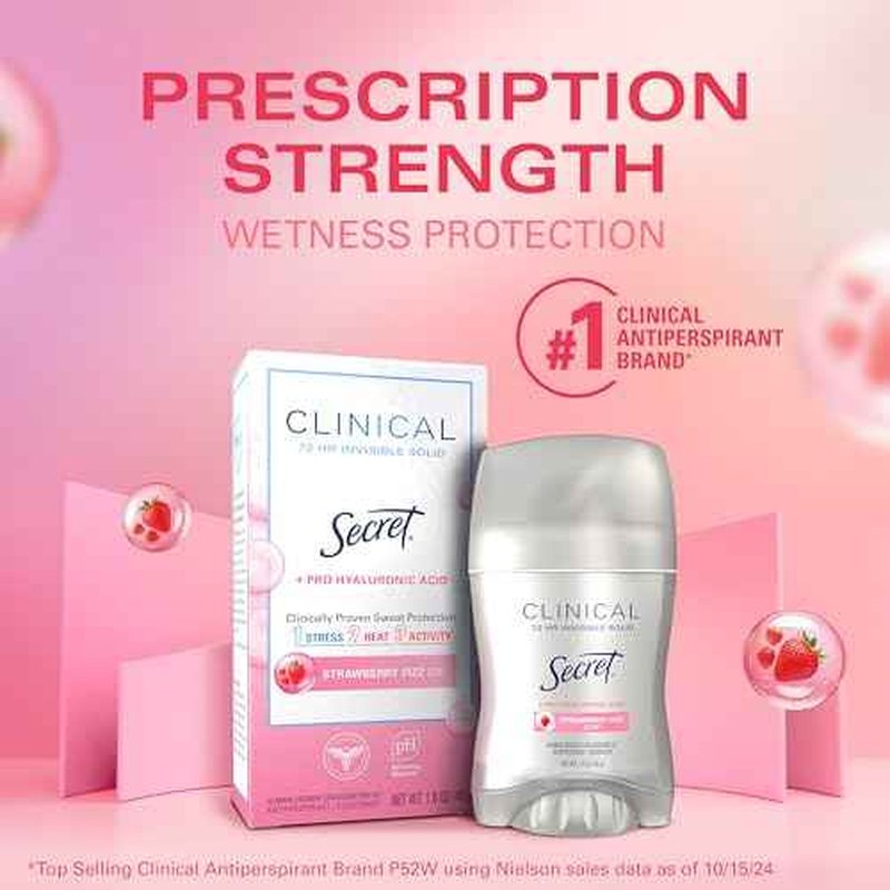 Secret Clinical Strength Antiperspirant Deodorant for Women, 3X Stress Protection, 72hr Sweat & Odor Protection, Pro-Hyaluronic Acid, Invisible Solid, Strawberry Summer Fizz Scent, 1.6 oz