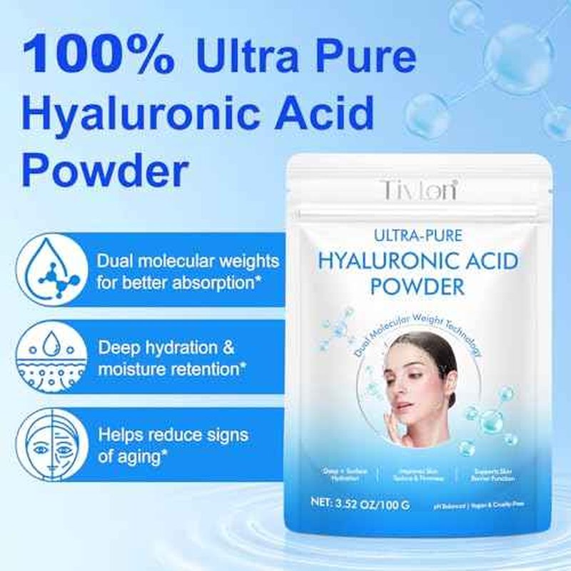 Hyaluronic Acid Serum Powder for Skin,Low and High Molecular Weight,Cosmetics Grade Skin Hydration and Moisture Support Supplements - Vegan, Water Soluble 100 Grams