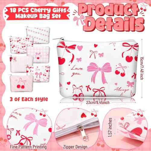 Kacctyen 18 Pcs Pink Cherry Bow Coquette Makeup Bag Cute Bow Canvas Cosmetic Bag for Women Girl with Zipper Aesthetic Travel Stuff Small Pouch for Birthday Party Favor