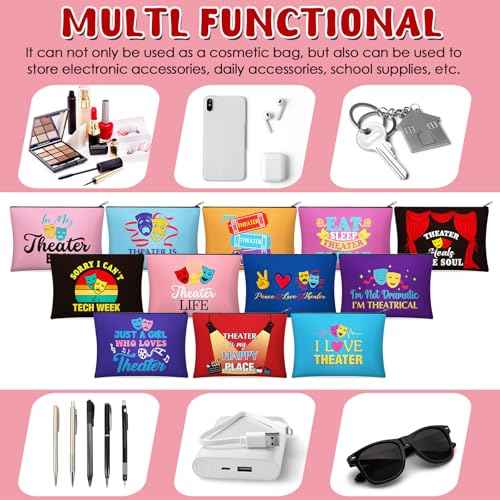 Reginary 12 Pcs Theater Makeup Bags Bulk Theater Gifts for Women Musical Broadway Cosmetic Bags Zipper Pouch Drama Comedy Tragedy Mask Gifts for Theatre Lovers Actors and Students