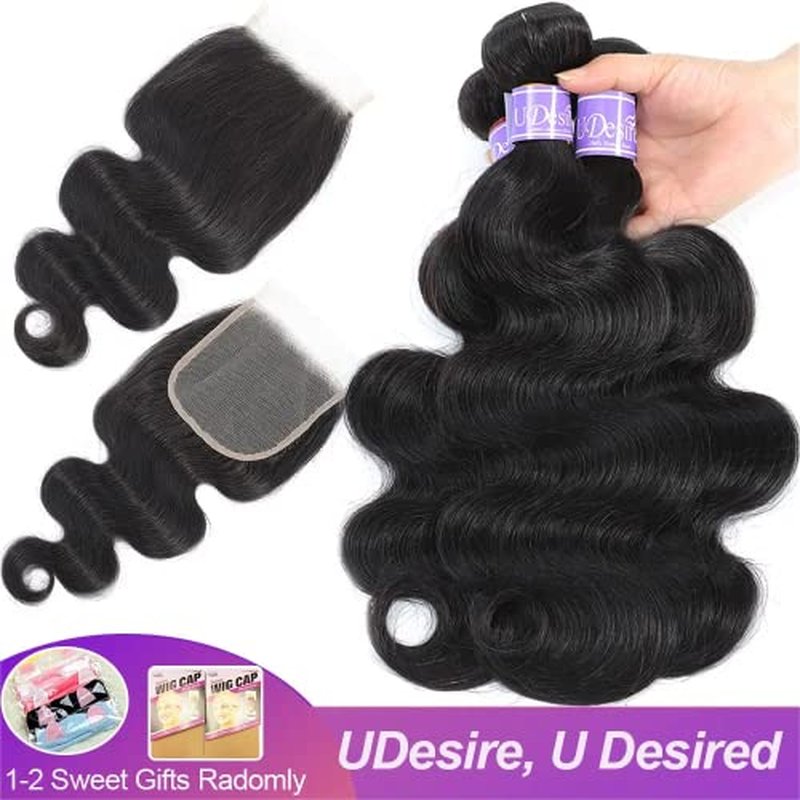 Hair 12A Brazilian Body Wave Bundles with Closure (10 12 14+10,Free Part) 100% Unprocessed Brazilian Virgin Human Hair Body Wave Bundles with Closure Natural Black Color