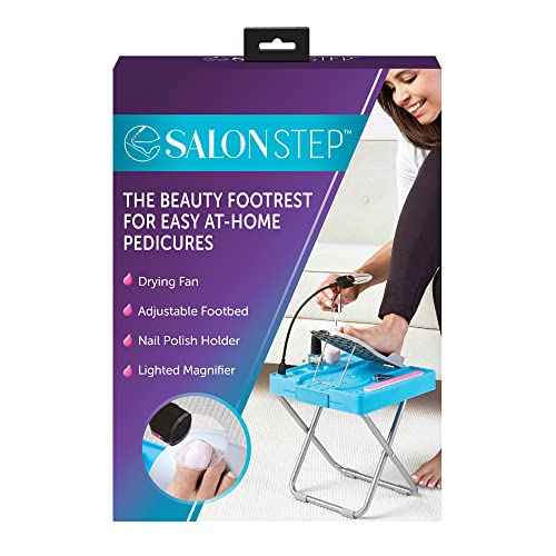Salon Step The Beauty Footrest for Easy at-Home Pedicures, Treat Your Feet, No More Bending or Stretching with LED Magnifier, Drying Fan, Adjustable Foot Rest, Non-Slip Sturdy Legs & Built-in Storage