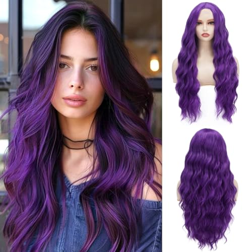 Purple Wigs for Women Lace Front Dark Purple Wig Middle Part Long Curly Wavy Wig,Synthetic Heat Resistant Hait for Daily Cosplay Party Holiday