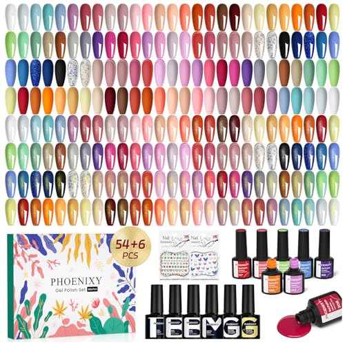 phoenixy 62 PCS Gel Nail Polish Set 54 Colors Fall Gel Nail Polish Kit with Base Coat Glossy Matte Glitter Top Coat Gifts for Women Girls