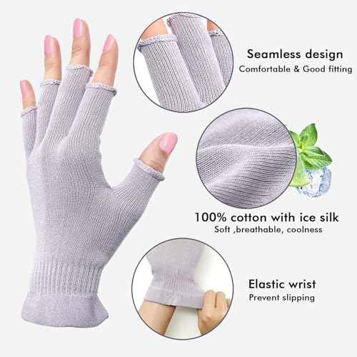 MIG4U 3 Pairs Fingerless Moisturizing Gloves, Half Finger Touchscreen Beauty Glove for Eczema, SPA, Dry Hands, Skin Treatment, Summer Sun UV Protection, Pale Purple S/M