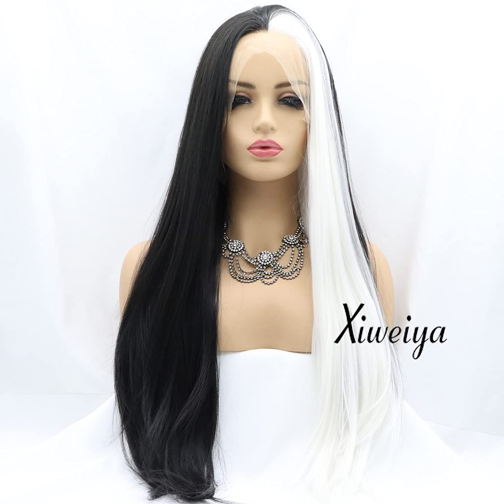 Long Straight Mermaid Piano Lace Front Wig - White to Black Two Tone | Heat Resistant Synthetic Hair for Women Cosplay