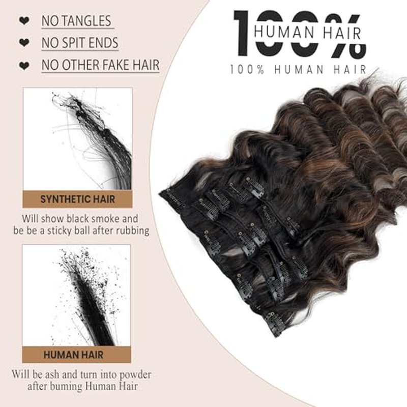 Curly Clip in Hair Extensions Seamless Clip in Hair Extensions Remy Human Hair Ombre Natural Black to Chestnut Brown Hair Extensions Invisible PU Skin Weft Soft Natural Clip ins£¨20in£©