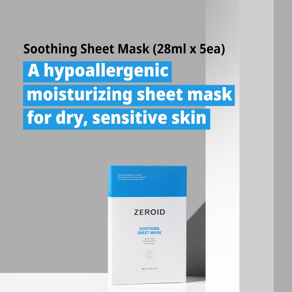 Zeroid Soothing Sheet Mask for Sensitive Dry Skin - Hydrating Korean Face Mask with Hyaluronic Acid & Ceramide | 5 Pure Cotton Sheets