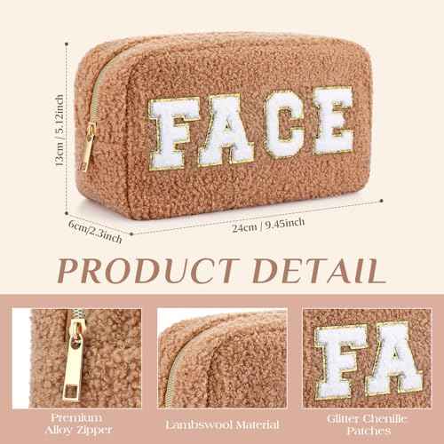 Paterr 4 Pcs Chenille Letter Preppy Patches Makeup Bag Plush Fuzzy Makeup Pouch Hair Skin Face Stuff Bag Large Cosmetic Purse Zipper Travel Toiletry Kit for Spring Gift(Brown Colors)