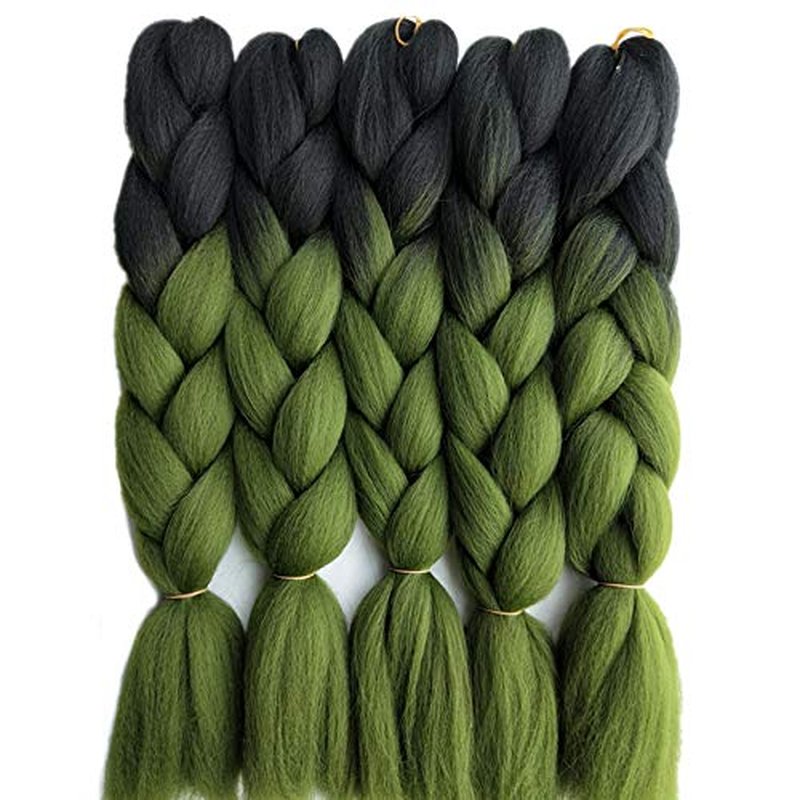 Ombre Color Synthetic Braiding Hair Extensions - 24 Inch Jumbo Braids | Black to Olive Green, 5 Packs for Crochet Twist Box Braids