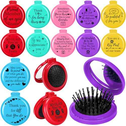 Thyle 12 Pcs Christmas Team Appreciation Gifts for Employee Inspirational Folding Travel Hairbrush with Mirror Bulk Handheld Mirror Hair Brush Thank You Gift for Xmas Women Coworker Staff Nurse