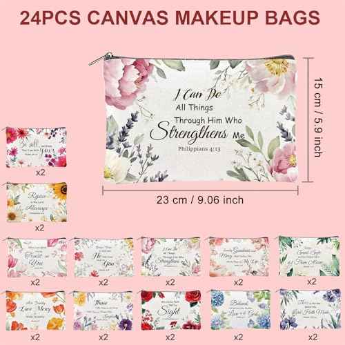 24PCS Christian Canvas Makeup Bags Bulk Inspirational Cosmetic Bags for Women Bible Verse Canvas Zipper Pouch Bulk Religious Makeup Organizer Bags Christian Gifts for Women(Flower)