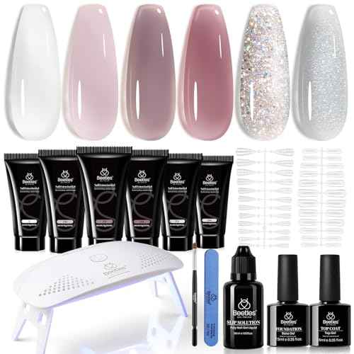 Beetles Nail Extension Gel Kit with Mini UV LED Nail Lamp Frosted Grape 6 Colors Poly Nail Gel Kit with Base Top Coat Beginners DIY Home Salon Gift for Women Fall Winter Nails UV & LED Cured