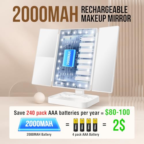 Wireless Rechargeable Lighted Makeup Mirror with 3 Color Lighting, 2000mAh Rechargeable Battery, 10x 3X 2X Magnification, 24 LED, 360 Degree Rotation, Gift for Woman (White)