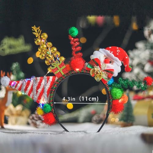 Woeoe Led Christmas Headband Santa hat Hair Hoop Bells Cute Christmas Costume Snowman Headpieces Light Up Headpiece