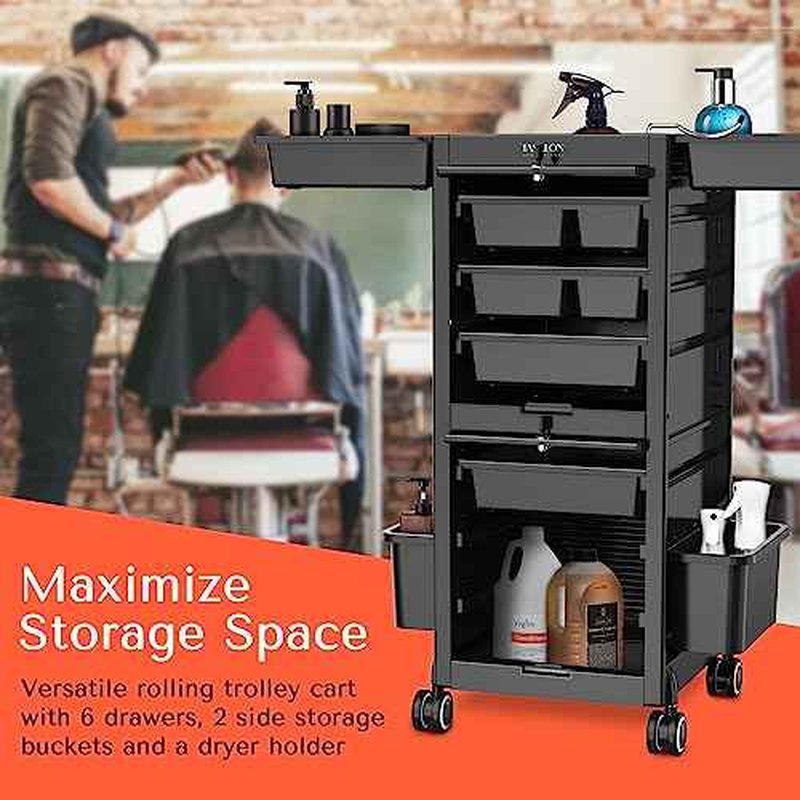 TASALON Premium Lockable Salon Trolley with Wheels and 6 Drawers & 2 Bucket, Versatile Salon Cart for Hair Stylist, Tattoo, Barber