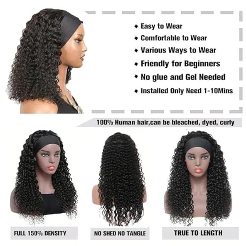 Curly Headband Wig Human Hair 18Inch Human Hair Headband Wig Glueless Wear and Go Human Hair Scarf None Lace Front Wigs 150% Density Natural Color
