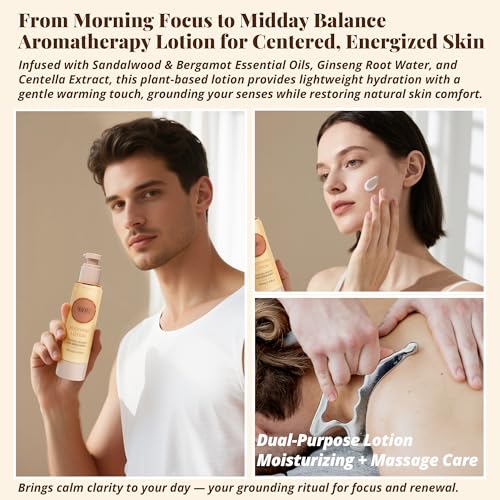 Sandalwood & Bergamot Aromatherapy Lotion ? Lightweight Moisturizer for Body & Massage, Gentle Warming Care with Woody-Citrus Aroma for Grounding and Refreshing Self-Care, 3.4 fl oz / 100 ml