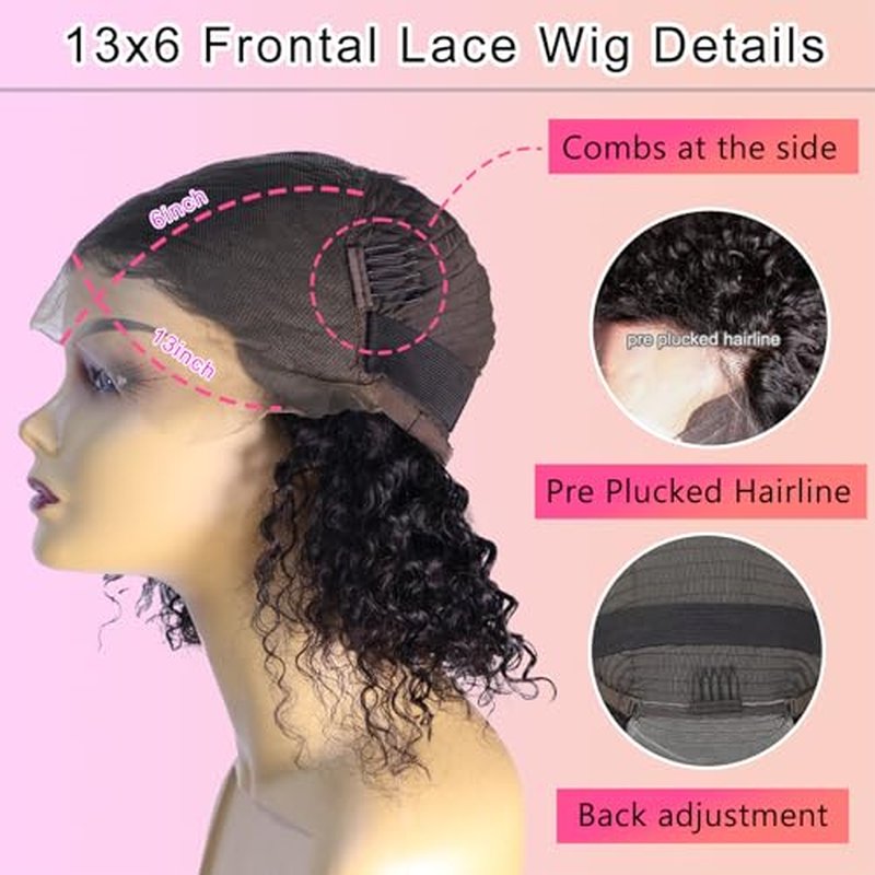 Curly Bob Wig Human Hair 13x6 Frontal Lace Wig Deep Curly Virgin Human Hair Wig Pre Plucked HD Transparent Lace Frontal Wigs for Women Natural Black 14 Inch