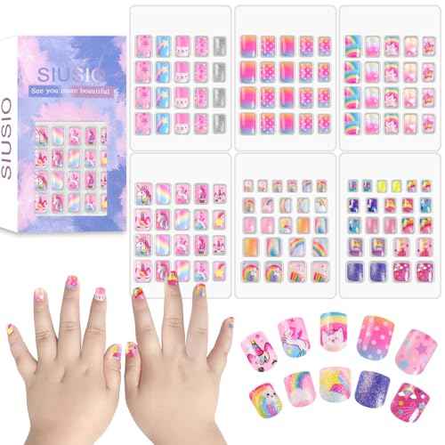 SIUSIO 6 Pack Press on Nails kids Children Acrylic Fake Nails Cute Pre-glue Full Cover Gradient Color Rainbow Short Stick On False Nail Art Kits Set for Kids Little Girls - Rainbow Dream