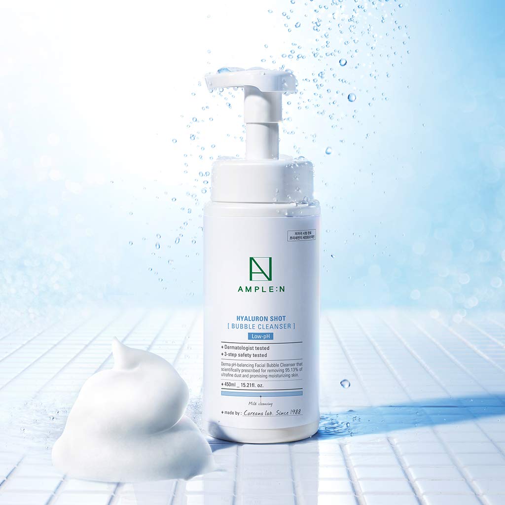 CORÉANA AMPLE:N Hyaluron Shot Bubble Cleanser – Korean Moisturizing Foaming Facial Cleanser with Hyaluronic Acid - Bubble Face Wash to Control Sebum - Oil Excretion and Refine Texture, 15.2 fl.oz.