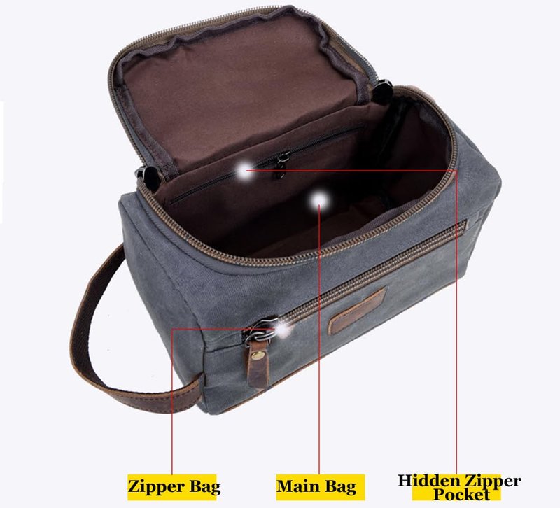 YY GEWETAO Toiletry Bag For Men Dopp Kit Durable Waxed Cotton Canvas With Leather Handle Toiletry Organizer Water-resistant Shaving Bag for Toiletries (Waxed Canvas, Grey)