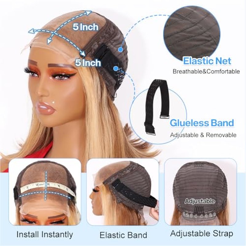 Wear and Go Glueless Bob Wig Human Hair 200% Density 5x5 HD Lace Closure Wigs For Black Women Glueless 5x5 Closure Wigs Human Hair Pre Plucked Bob Highlight Color 14 Inch