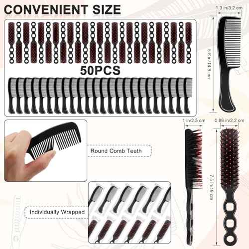HOFASON 50 Pcs Bulk Hair Brushes Combs Set for Homeless Women, Individually Wrapped Detangling Hairbrush and Comb for Kids Homeless Hotel Nursing Charity Hygiene Supplies(Black)