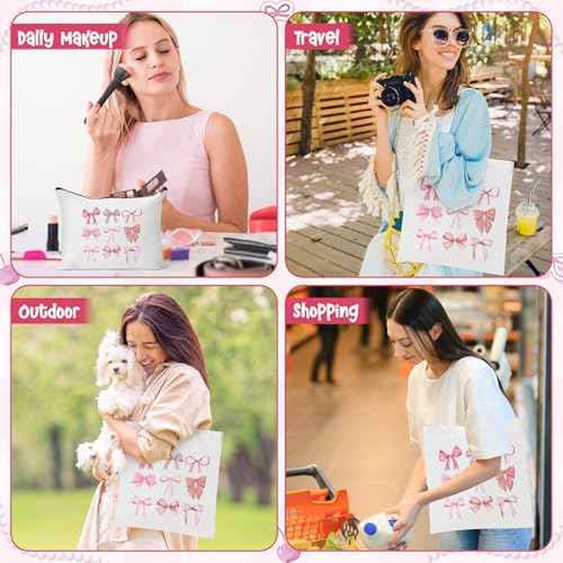 Y1tvei Pink Bows Canvas Bag - 2Pcs Coquette Bowtie Preppy Makeup Bag Set Cute Aesthetic Pink Bow Canvas Tote Bag, Reusable Grocery Folding Shopping Bag, Stuff Zipper Pouch Gifts for Women Party Favors