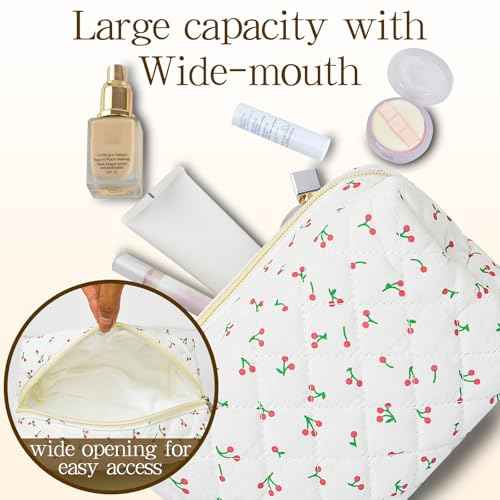 Quilted Makeup Pouch,Cotton Puffy Makeup Bag, Coquette Cosmetic Bag for Women and Girls, Aesthetic Organizer Bag, Cute Flower Travel Toiletry Bag