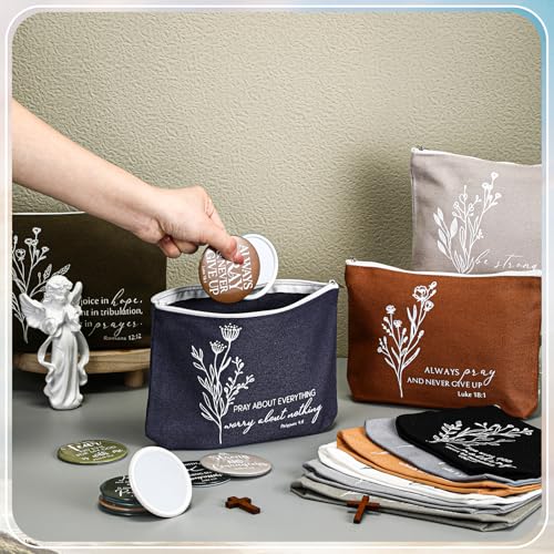 Reginary 10 Sets Thanksgiving Christian Gifts for Women 10 Religious Canvas Makeup Bags 10 Bible Verse Compact Mirrors Inspirational Church Christmas Gifts for Ladies(Neutral Colors,Aesthetic Style)