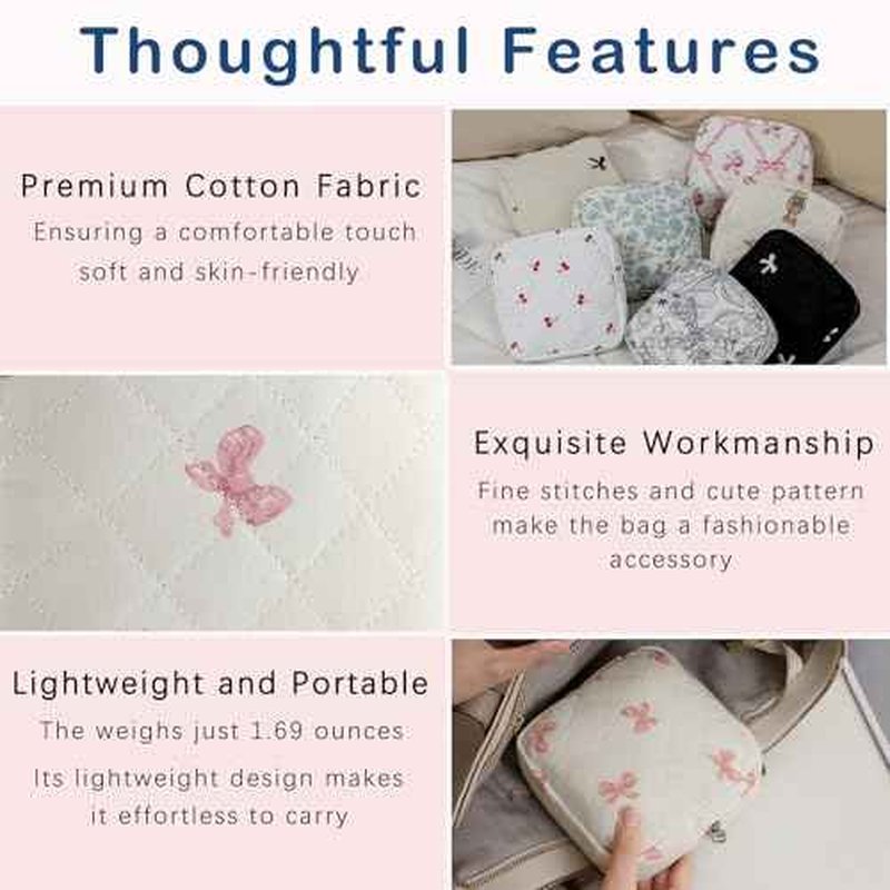 Small Quilted Cosmetic Pouch for Purse, Mini Cotton Makeup Bag with Compartments, Cute Zipper Lipstick Holder for Women (03White Bow)