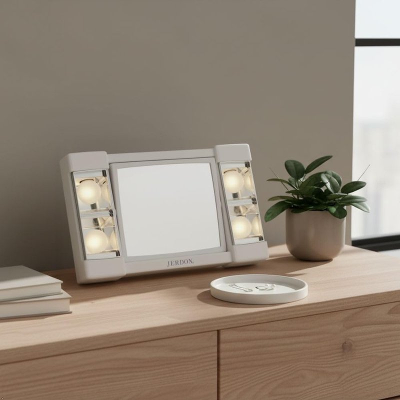 JERDON Two-Sided Makeup Mirror with Lights - 3X Magnification & Glare-Free Lighting | White Base, Model J1010