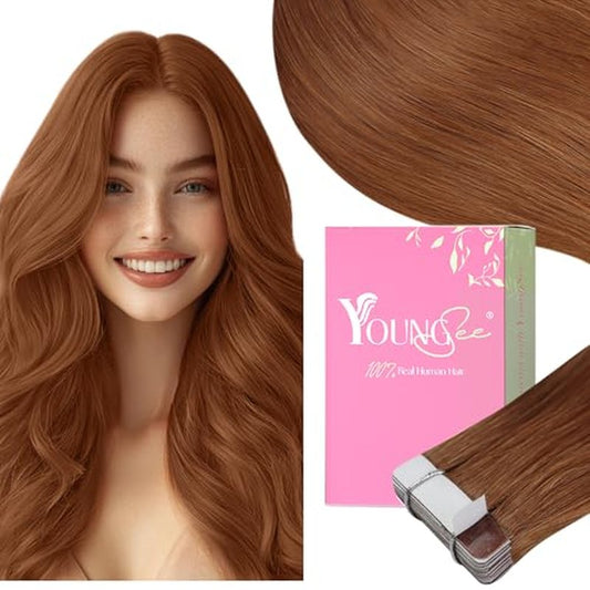YoungSee Tape in Extensions Copper Human Hair Extensions Tape in 16 Inch Invisible Tape in Hair Extension for Women 20Pcs 50G