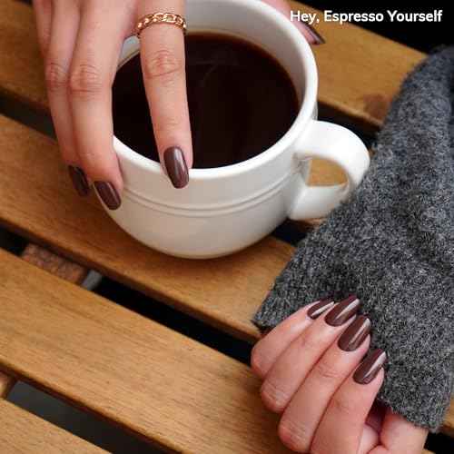 Heyhae Semi Cured Gel Nail Strips | No LED Lamp Needed | Fall, Solid, Brown | Easy Apply & Remove, Salon Quality | Includes 28 Strips, 1 Prep Pads, Nail File & Wooden stick - Hey, Espresso Yourself