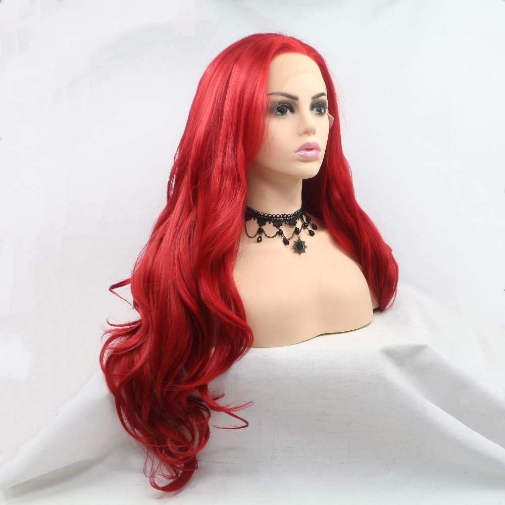Melody Synthetic Lace Front Red Wigs Long Body Wave Hair Heat Resistant Fiber Hair Wigs For Women Cosplay Part Wigs High Density 24Inches Red color