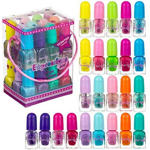 24pc Scented Nail Polish Value Pack - Shiny & Glitter Shades, Non-Toxic Water-Based Manicure & Pedicure Kit for Girls, Gift Set
