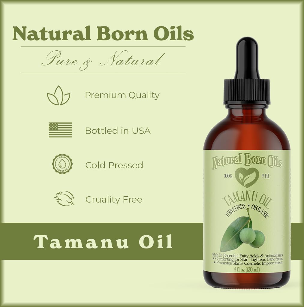 Natural Born Oils Tamanu Oil, 8oz, Organic, Cold-Pressed, Rich in Calophyllolide, Ideal for Moisturizing Skin, Strengthening Hair